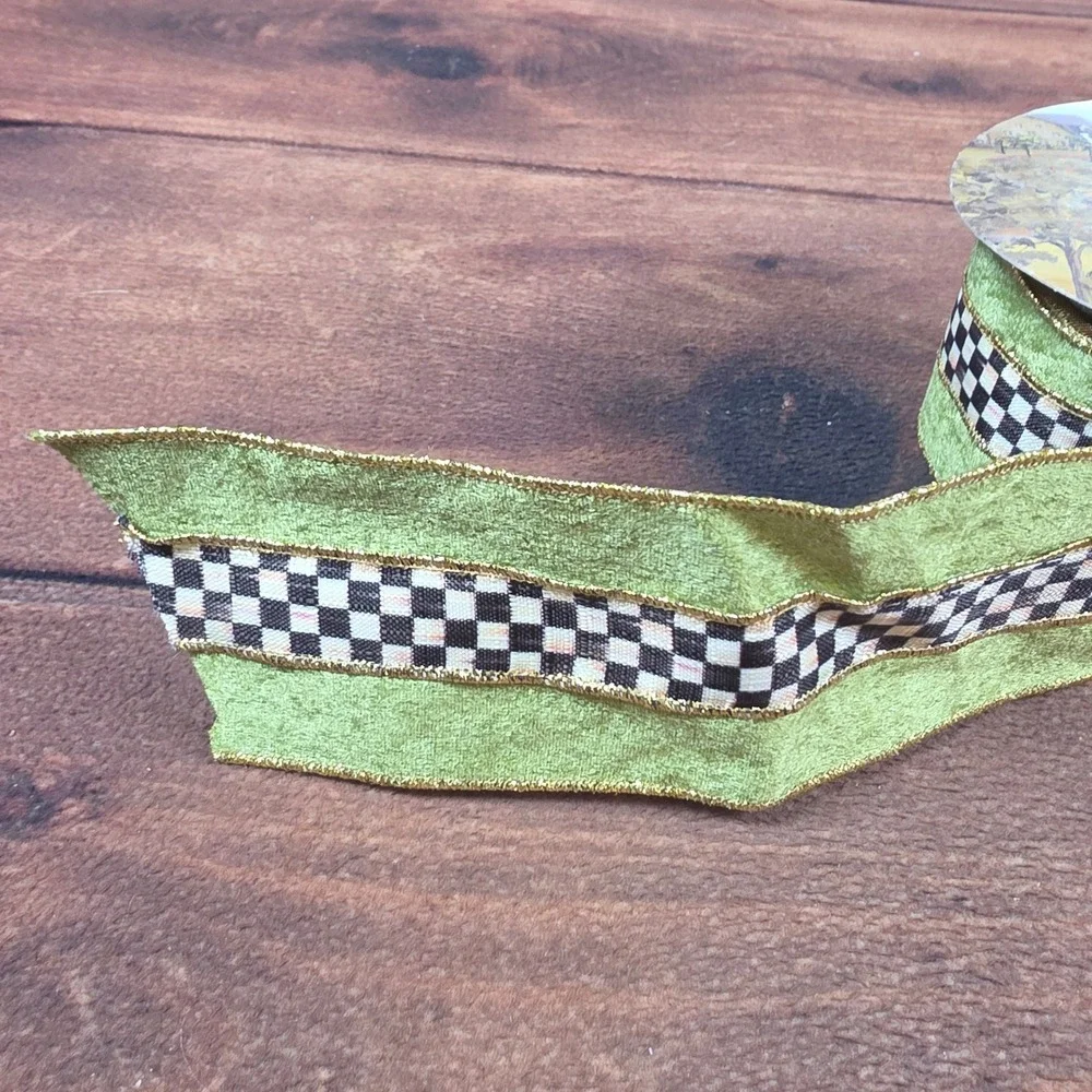 MacKenzie-Childs Wired Ribbon Green Gold Good Courtly Check Velvet 2in Wide